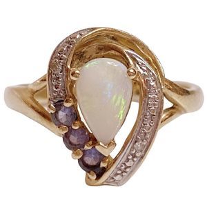 10K 10KT FINE Yellow Gold Tanzanite Teardrop Opal Women’s Ring Size 7
